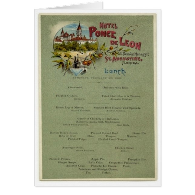 Lunch Menu, Ponce de Leon Hotel, St. Augustine (Front)