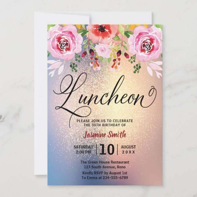 Luncheon Floral Gold Glitter Birthday Invitation (Front)