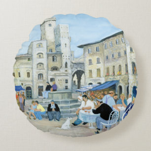 Lunchtime in a Market Square Tuscany Round Cushion