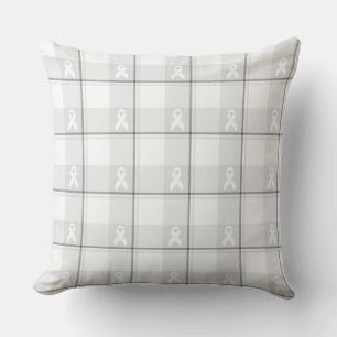 Lung Cancer Awareness Plaid White Ribbon Cushion