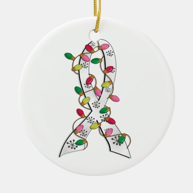 Lung Cancer Christmas Lights Ribbon Ceramic Tree Decoration (Front)