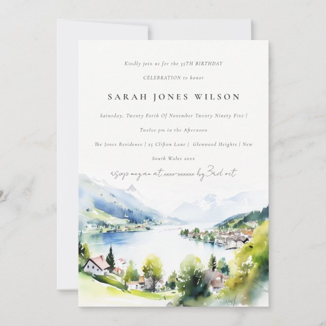 Lungern Switzerland Landscape Watercolor Birthday Invitation (Front)