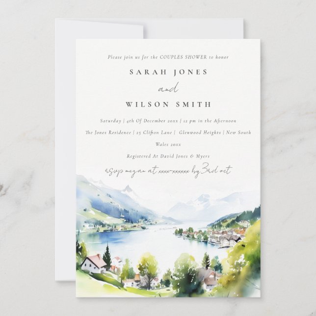 Lungern Switzerland Watercolor Couples Shower Invitation (Front)