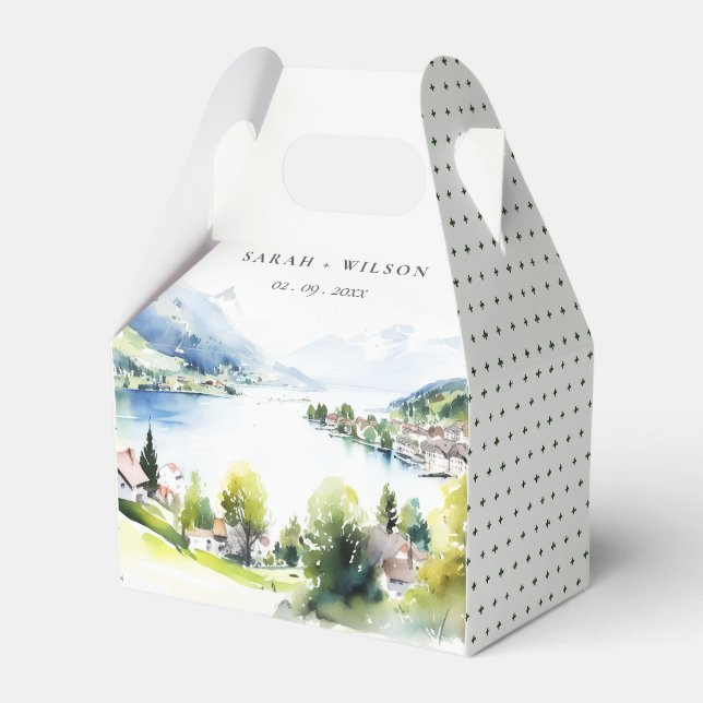Lungern Switzerland Watercolor Landscape Wedding Favour Box (Front Side)