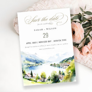 Lungern Switzerland Watercolor Landscape Wedding Save The Date