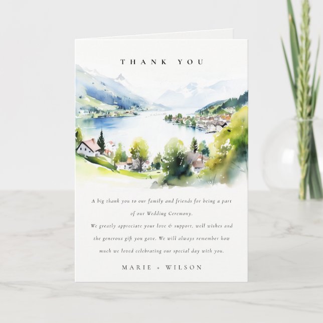 Lungern Switzerland Watercolor Landscape Wedding Thank You Card (Front)