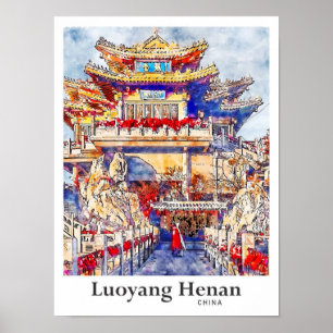 Luoyang Henan China Travel Watercolor Hand Drawn Poster
