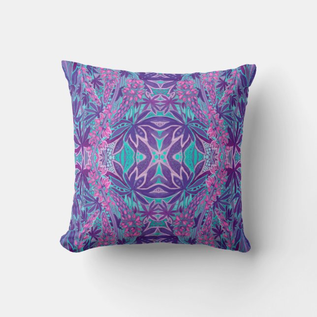 Lupine Flower Bohemian Arabesque Pattern Pink Mint Cushion (Front)