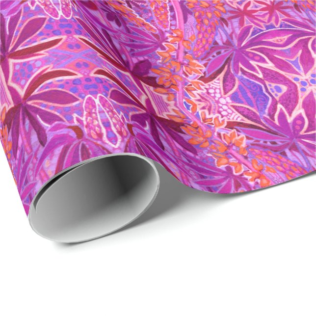 Lupine Flower Bohemian Boho Arabesque Pattern Pink Wrapping Paper (Roll Corner)