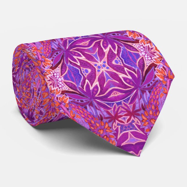 Lupine Flower Boho Bohemian Arabesque Pattern Pink Tie (Rolled)