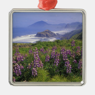 Lupine flowers and rugged coastline along metal tree decoration