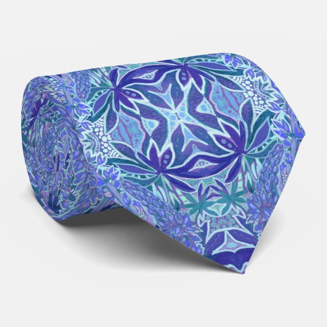 Lupine Flowers Bohemian Arabesque Pattern Blue Tie (Rolled)