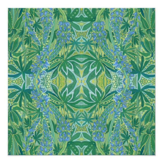Lupine Flowers Bohemian Arabesque Pattern Green Poster (Front)