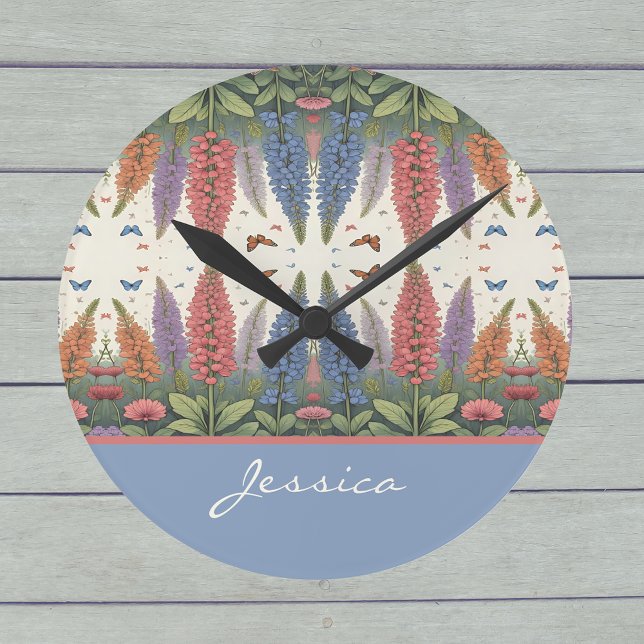 Lupine Flowers n Butterflies Vintage Monogram Round Clock (Creator Uploaded)