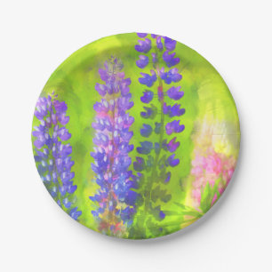 Lupine Painting - Original Flower Art Paper Plate