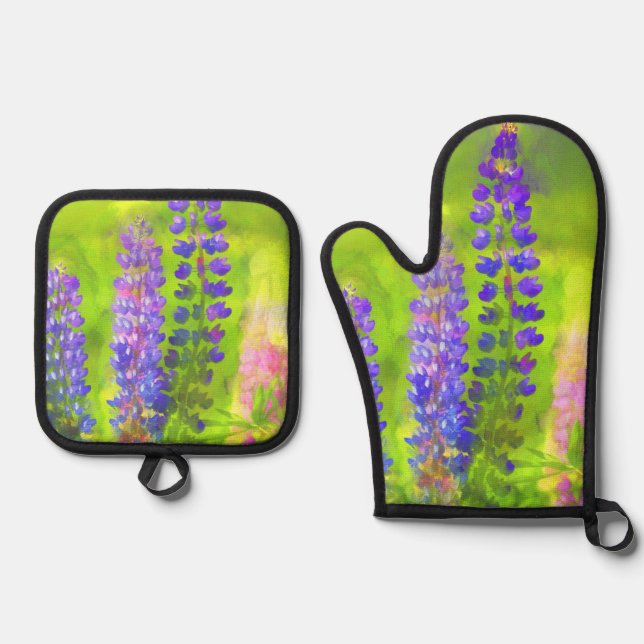 Lupine Painting Original Wildflower Art Oven Mitt & Pot Holder Set (Front)