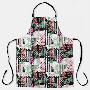 Lupines on a patchwork black and white background apron