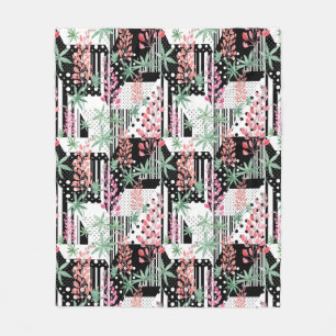 Lupines on a patchwork black and white background fleece blanket