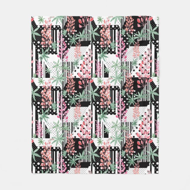 Lupines on a patchwork black and white background  fleece blanket (Front)