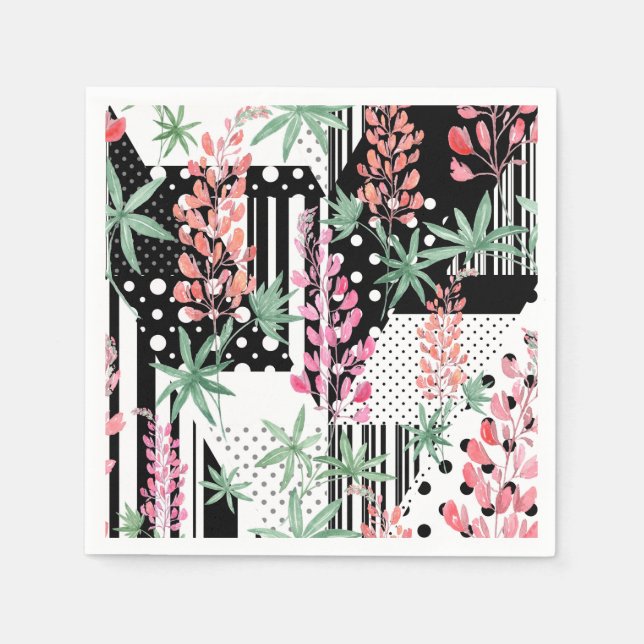 Lupines on a patchwork black and white background  napkin (Front)