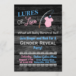 Lures or Lace Wooden Gender Reveal Baby Shower Invitation