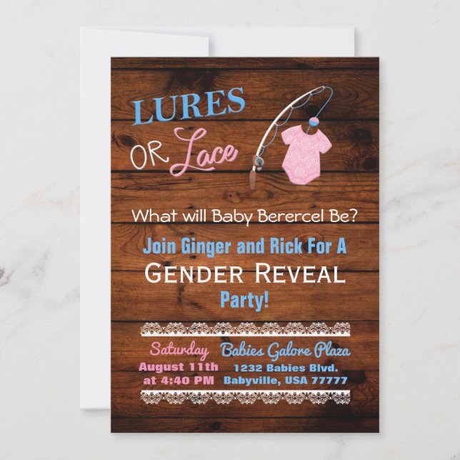 Lures or Lace Wooden Gender Reveal Baby Shower Invitation (Front)