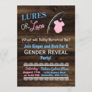 Lures or Lace Wooden Gender Reveal Baby Shower Invitation