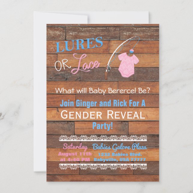 Lures or Lace Wooden Gender Reveal Baby Shower Invitation (Front)