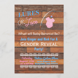 Lures or Lace Wooden Gender Reveal Baby Shower Invitation
