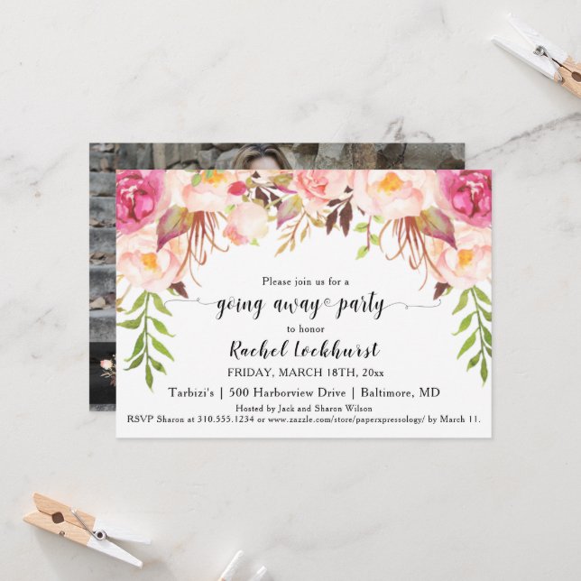 Luscious Blush Pink Flowers Going Away Party Invitation (Front/Back In Situ)