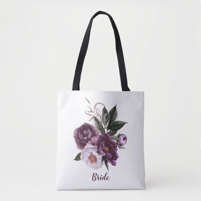 Luscious Dark Purple and Plum Peonies Bride Tote Bag (Front)