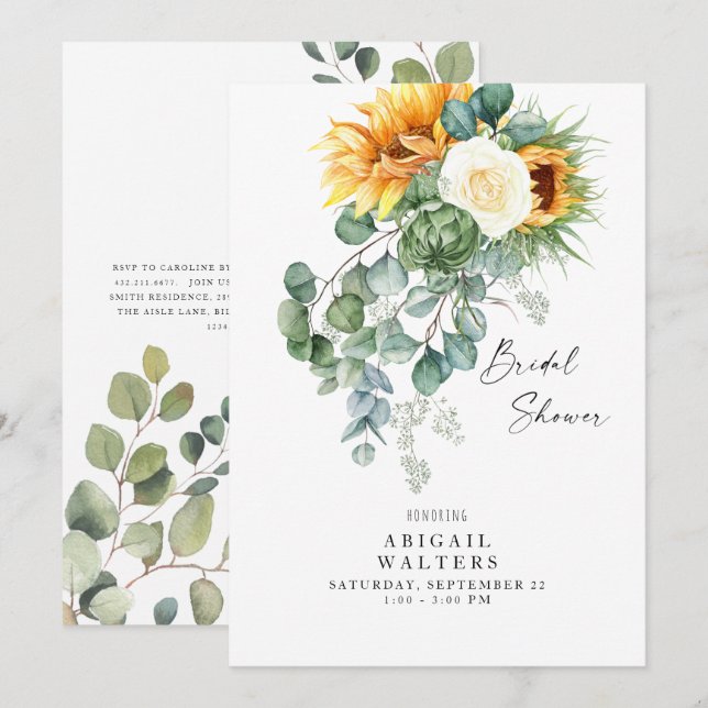 Luscious Eucalyptus Sunflower White Bridal Shower  Invitation (Front/Back)