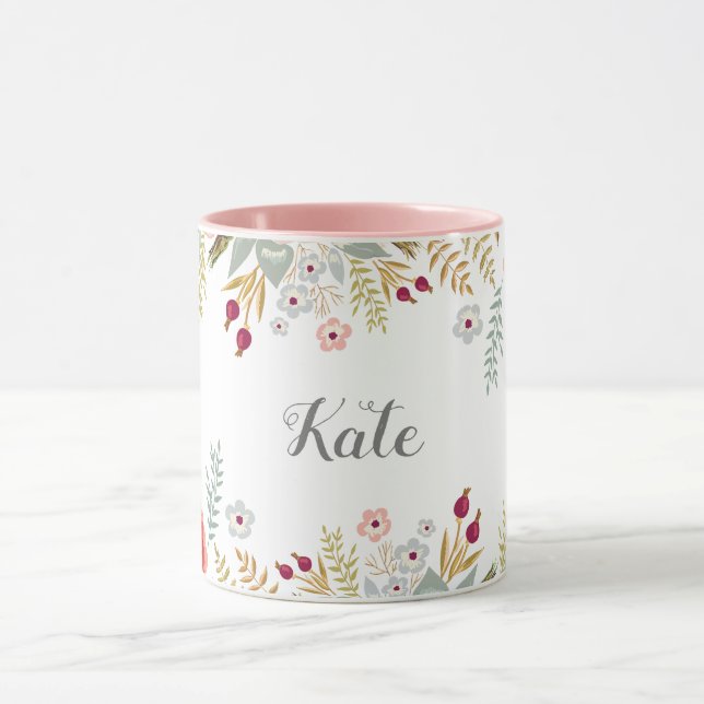 Luscious Floral Personalised Name Two Tone Coffee Mug (Center)