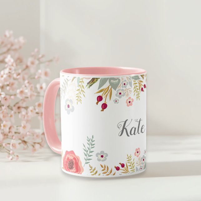 Luscious Floral Personalised Name Two Tone Coffee Mug (Creator Uploaded)