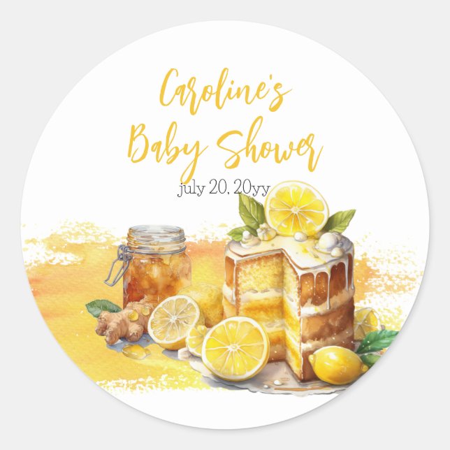 Luscious Lemon Cake Ginger Tea Baby Shower Classic Round Sticker (Front)