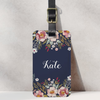 Luscious Pink Floral Navy Blue Custom Name Luggage Tag