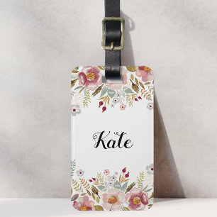 Luscious Pink Floral White Custom Name Luggage Tag