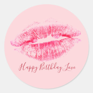 Luscious Pink Lips Happy Birthday Love Classic Round Sticker
