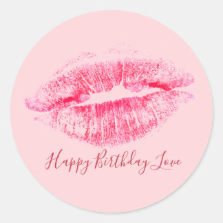 Luscious Pink Lips Happy Birthday Love Classic Round Sticker