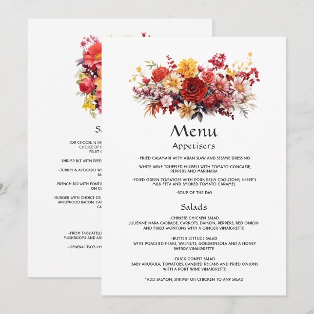 Luscious Red Floral Wedding Menu (Front/Back)