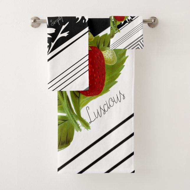 Luscious Strawberries on Black and White Graphic Bath Towel Set (Insitu)