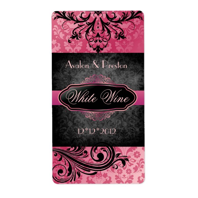 Luscious Vintage Pink Scroll Wedding Wine Label (Front)