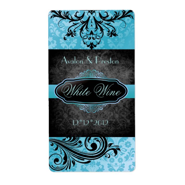 Luscious Vintage Teal Scroll Wedding Wine Label (Front)