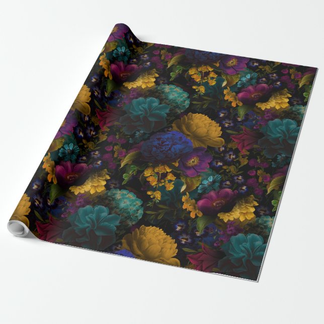 Lush baroque antique flowers on black wrapping paper (Unrolled)
