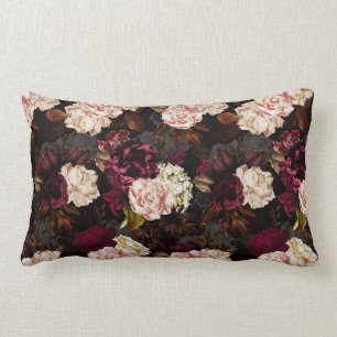 Lush baroque antique peony flowers on black lumbar cushion