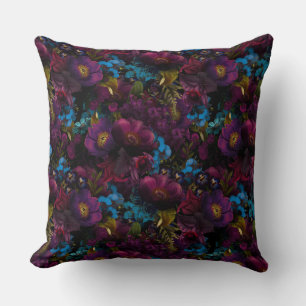 Lush baroque purple antique flowers on black cushion
