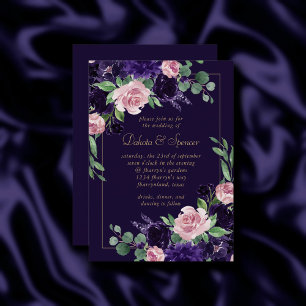 Lush Blossom   Dark Purple and Pink Rose Floral Invitation