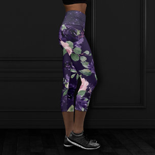 Lush Blossom Dark Purple and Pink Rose Pattern Capri Leggings