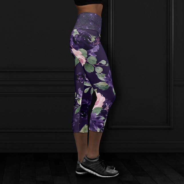 Lush Blossom | Dark Purple and Pink Rose Pattern Capri Leggings (Creator Uploaded)