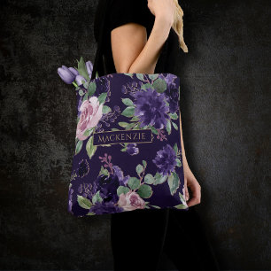 Lush Blossom Dark Purple and Pink Rose Pattern Tote Bag